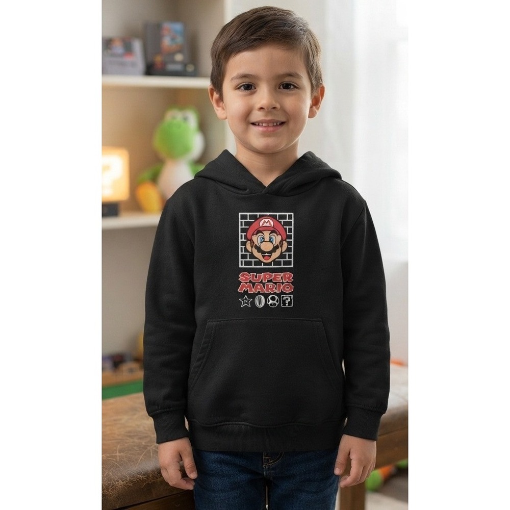 Nintendo Super Mario Bros Black Graphic Pullover Hoodie Boys Size 8 Active NWT
